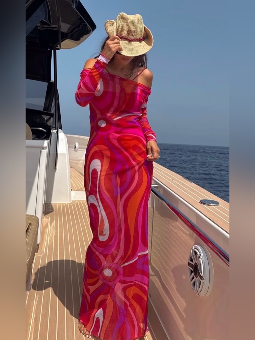 Pucci inspired Multicolor Swirl Long-Sleeve Maxi Dress